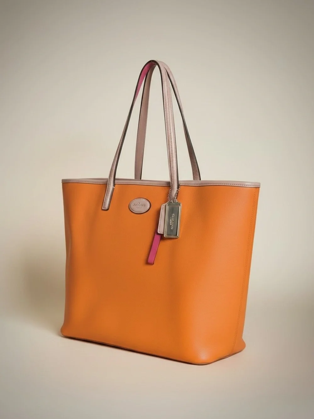 ✨ Coach Orange Crossgrain Leather Tote Pink Interior w/ Dust Bag EUC